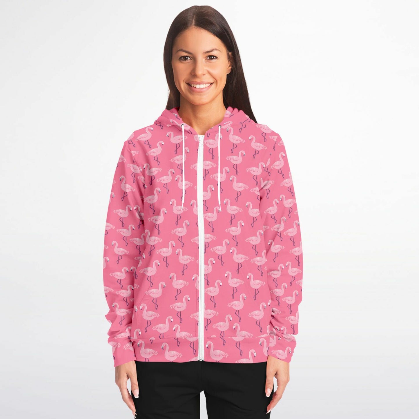 Pink Flamingo Zip Up Hoodie, Tropical Birds Full Zipper Pocket Men Women Unisex Adult Aesthetic Graphic Cotton Fleece Hooded Sweatshirt