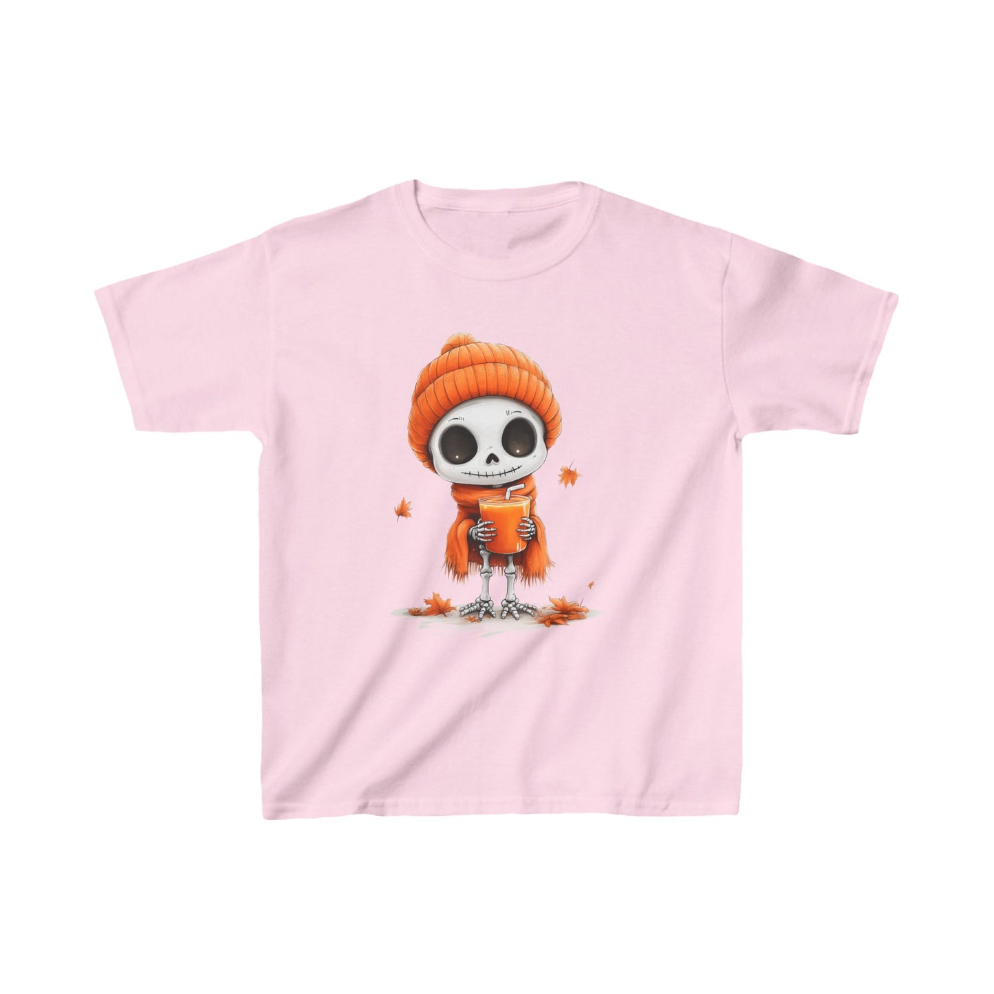 Cute Skeleton Kids Tshirt, Halloween Fall Orange Hat Drink Boys Girls Youth Aesthetic Graphic Crewneck Tee Short Sleeve Shirt Top