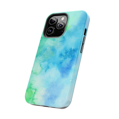 Blue Green Watercolor Tough Phone Case, Tie Dye Colorful Print Cute Cell Iphone 15 14 13 Pro Max 12 11 XS XR X 7 SE 8 Galaxy S24 S23 S22