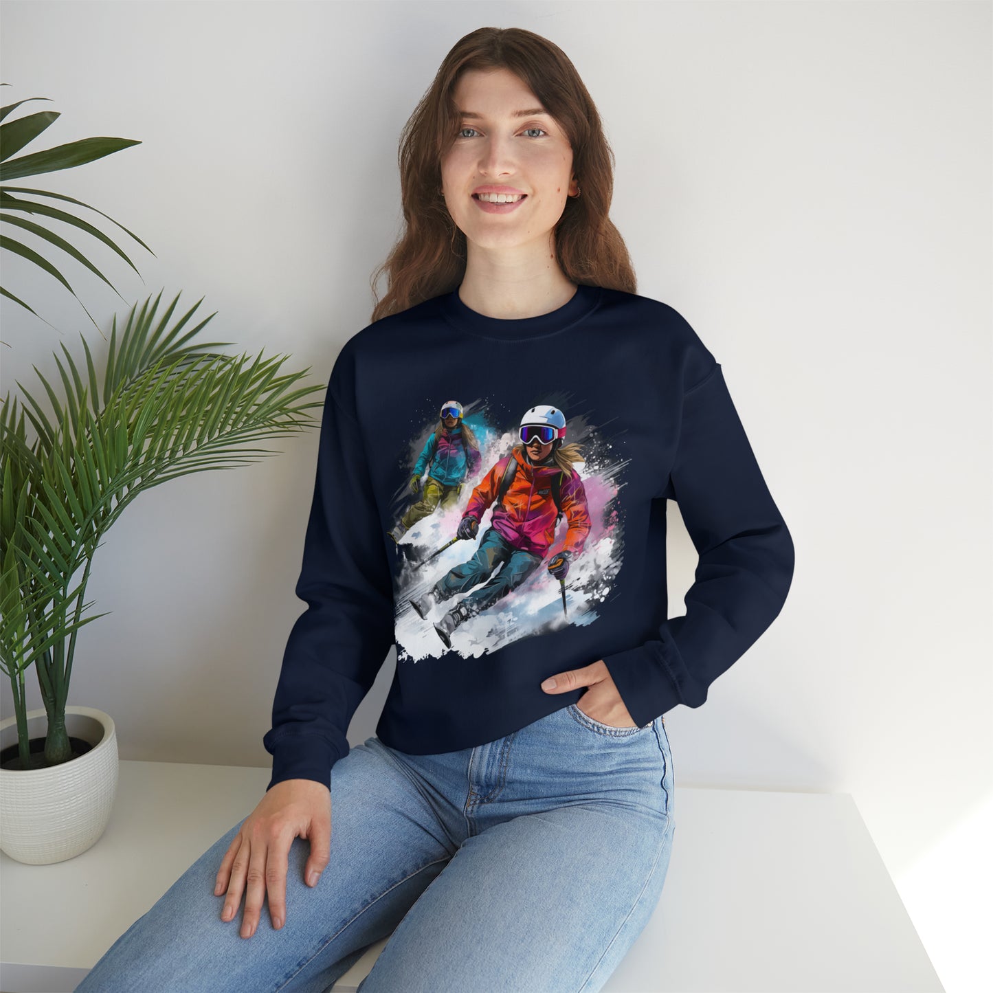 Girls Skiing Sweatshirt, Ski Team Watercolor Sweater Women Men Winter Sport Skier Snow Vintage Retro Cotton Holiday Mountain Ladies Unisex