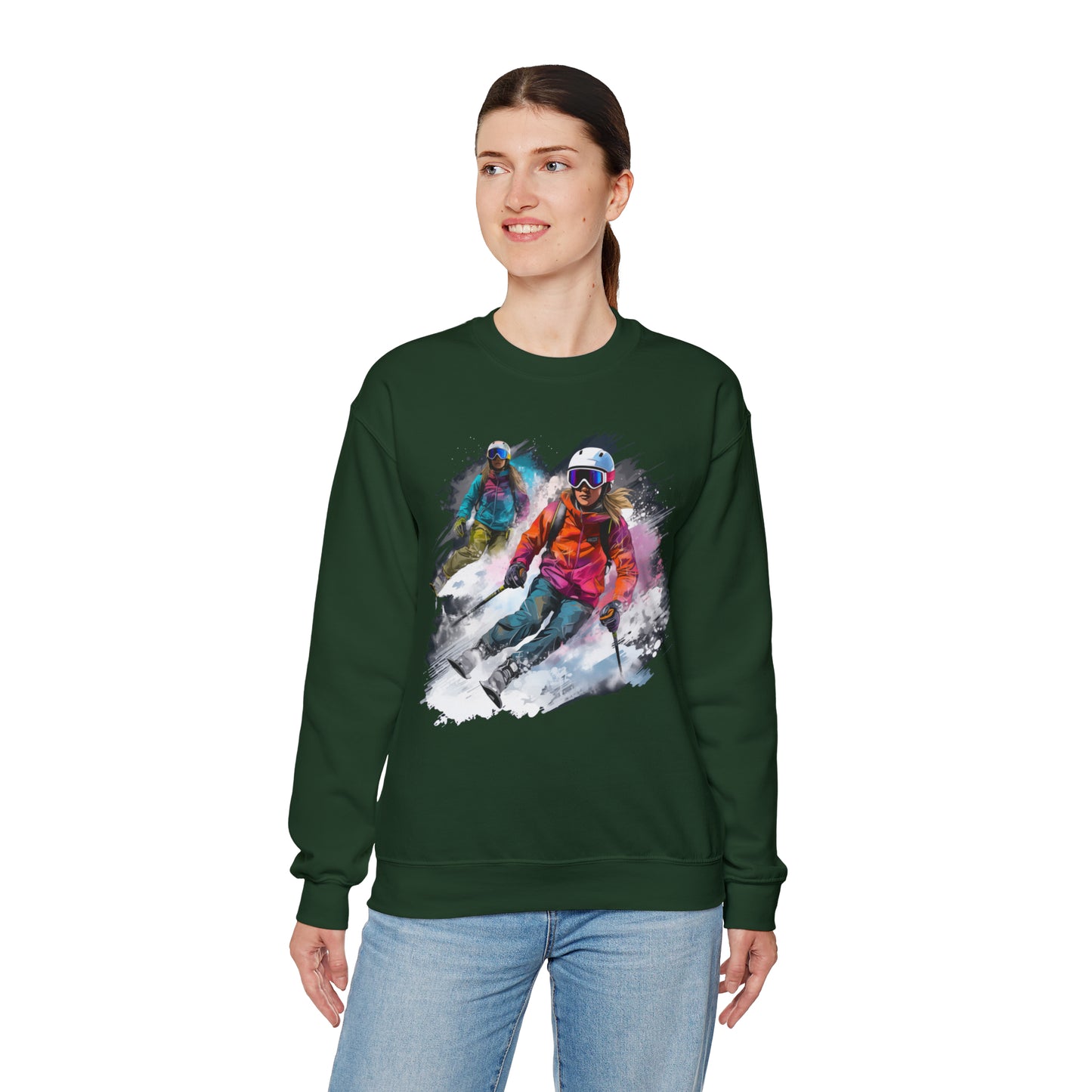 Girls Skiing Sweatshirt, Ski Team Watercolor Sweater Women Men Winter Sport Skier Snow Vintage Retro Cotton Holiday Mountain Ladies Unisex