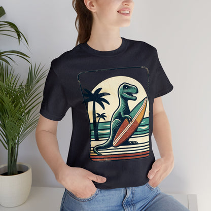 Dinosaur Surfboard Tshirt, Surfing Dino Adult Vintage Distressed Art Designer Graphic Cool 80s Crewneck Men Women Tee Short Sleeve Shirt