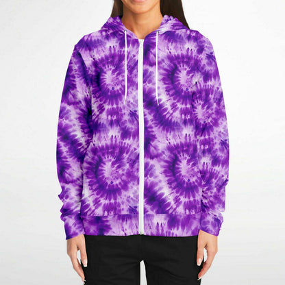 Purple Tie Dye Zip Up Hoodie, Front Zipper Pocket Men Women Unisex Adult Aesthetic Graphic Cotton Fleece Hooded Sweatshirt Starcove Fashion