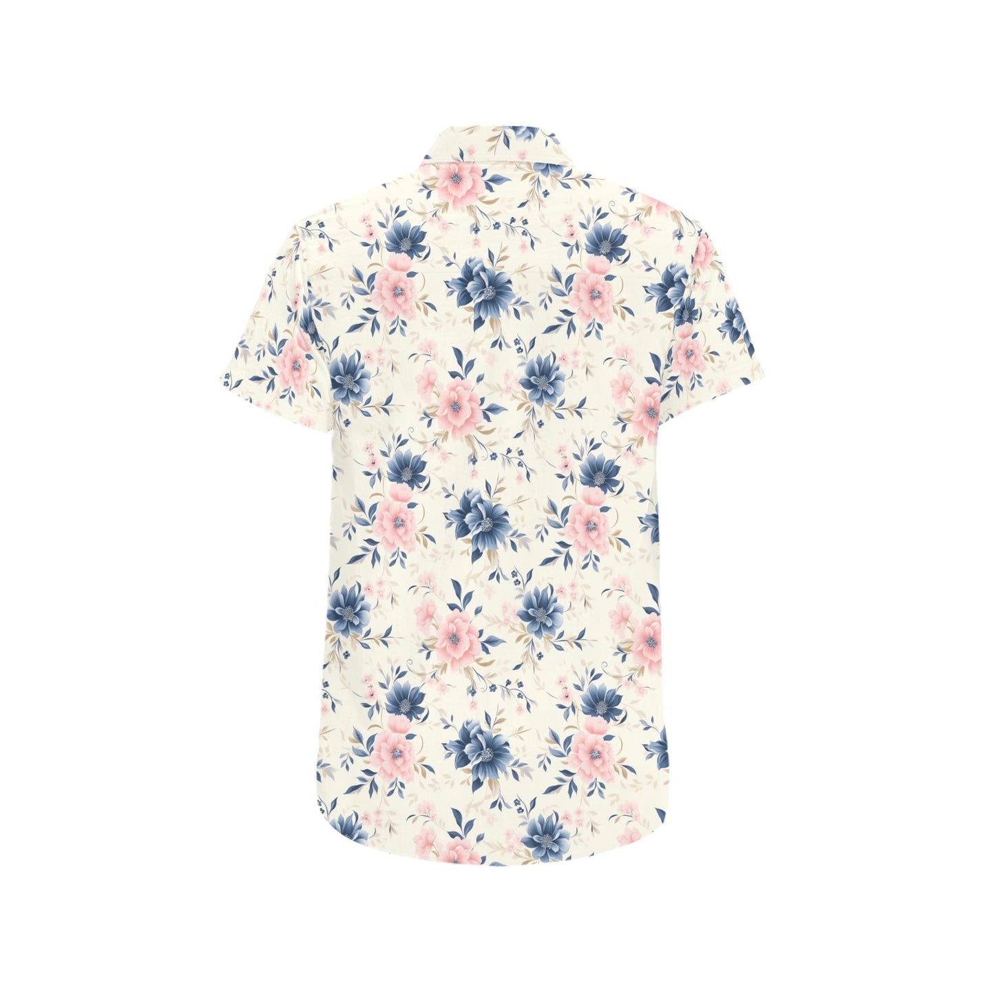 Pink Blue Floral Short Sleeve Men Button Down Shirt, White Flowers Print Casual Buttoned Summer Dress Collared Male Guys Plus Size