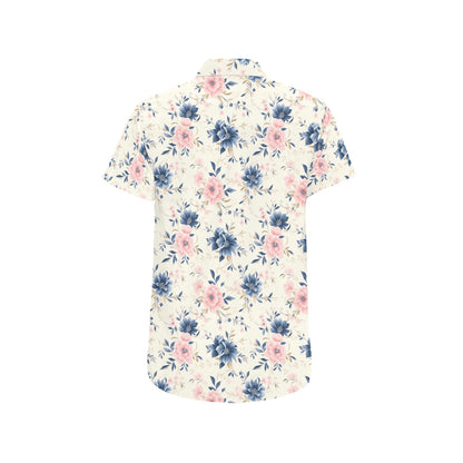 Pink Blue Floral Short Sleeve Men Button Down Shirt, White Flowers Print Casual Buttoned Summer Dress Collared Male Guys Plus Size