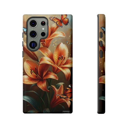 Cute Tiger Lily Tough Phone Case, Flowers Floral Butterfly iPhone 16 15 14 13 Pro Max 12 11 8 Plus X XR XS Galaxy S24 S23 S22 S21 Pixel