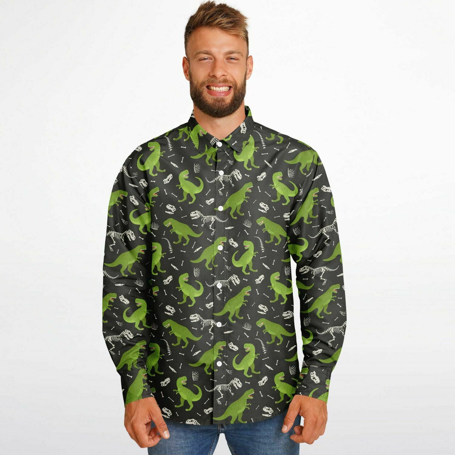 Dinosaur Long Sleeve Men Button Up Shirt, Skeleton Dino Green Guys Male Print Buttoned Down Collared Funny Graphic Casual Dress Shirt