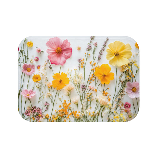 Wildflowers Bath Mat, Yellow Pink Floral Flowers Botanical Garden Shower Bathroom Non Slip Memory Foam Microfiber Large Small Washable Rug