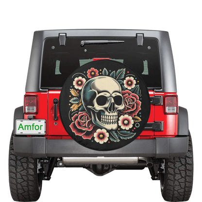 Skull Floral Spare Tire Cover, Car Roses Skeleton Old School Tattoo Backup Camera Hole Rear Wheel Trailer Camper RV Back Men Women Protector