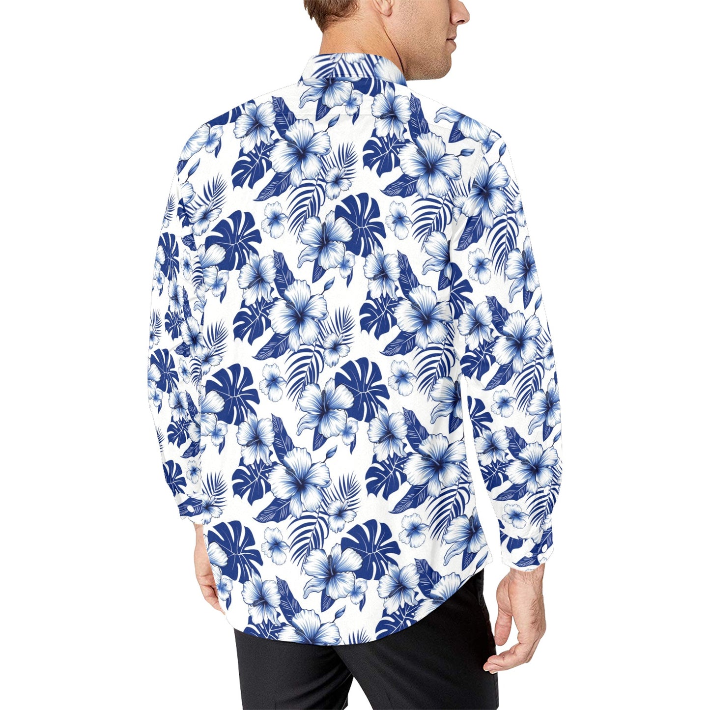 Blue White Hibiscus Long Sleeve Men Button Up Shirt, Navy Floral Flowers Tropical Print Male Guys Buttoned Down Collar Casual Dress Shirt