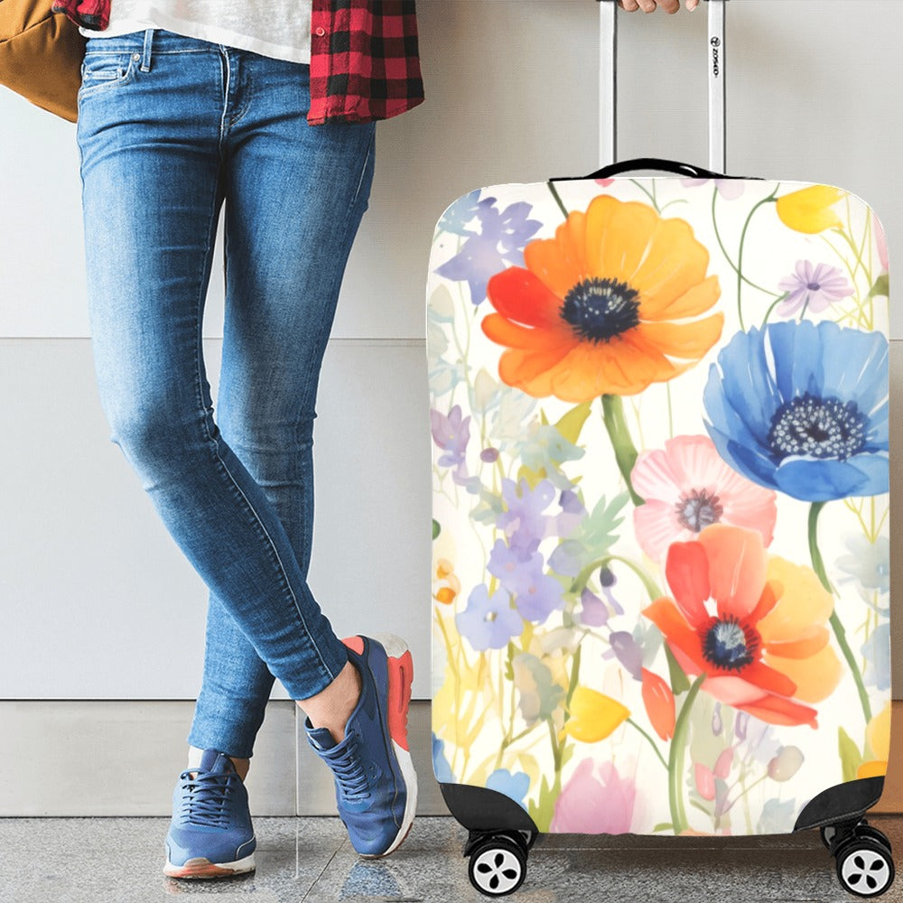 Wildflowers Luggage Cover, Watercolor Art Waterproof Floral Cute Aesthetic Print Suitcase Bag Washable Protector Small Large Travel Gift