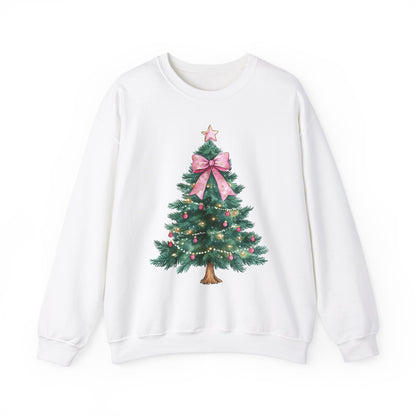 Christmas Tree Pink Bow Sweatshirt,  Coquette Cute Xmas Holiday Print Women Men Vintage Party Winter Holiday Outfit Plus Size Sweater