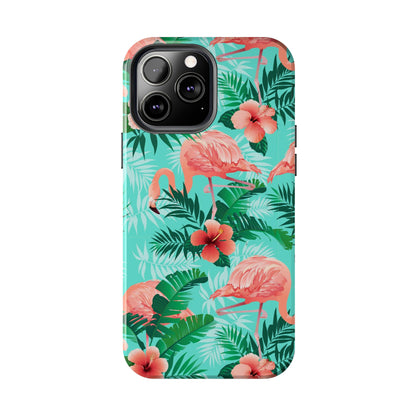 Pink Flamingo iPhone 15 14 13 12 11 Pro Max Tough Case, Green Tropical Monstera Print Cute Gift XS XR X 7 Plus 8 Cell Phone Galaxy