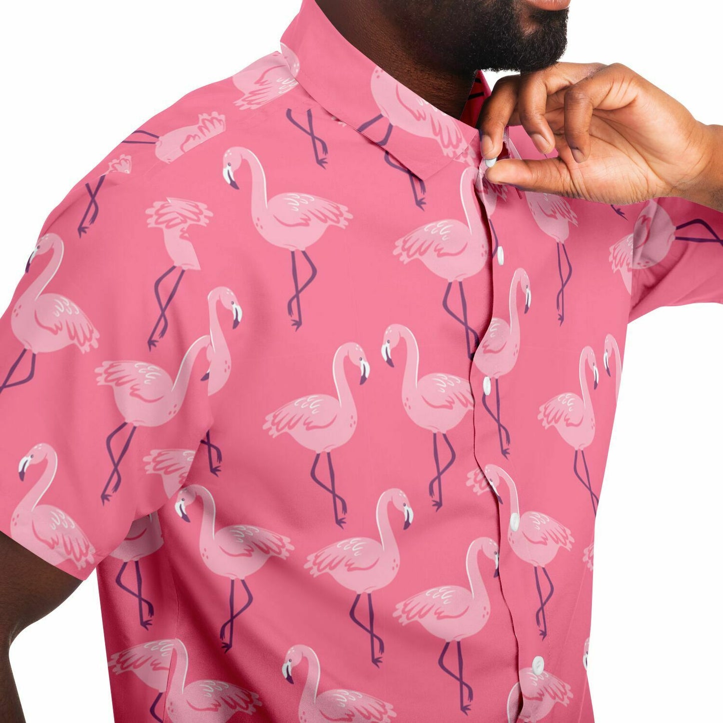 Pink Flamingo Men Button Up Shirt, Tropical Short Sleeve Print Casual Buttoned Down Summer Guys Collared Dress Shirt