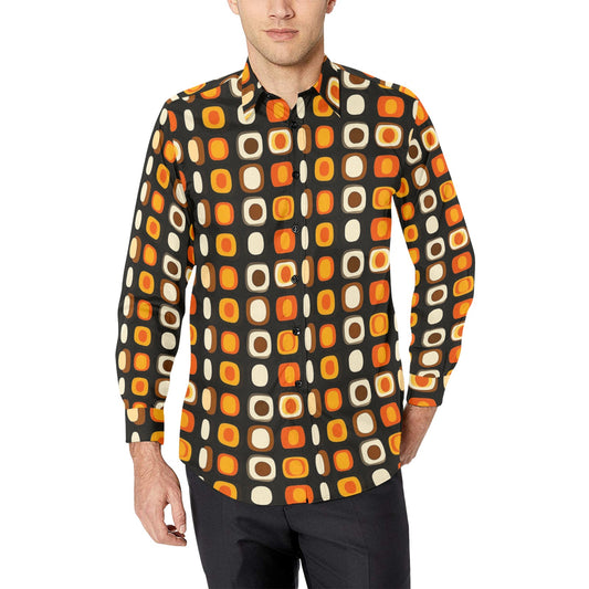 Retro Geometric Long Sleeve Men Button Up Shirt, 70s Vintage Seventies Brown Orange Black Print Buttoned Down Guys Male Collar Casual Dress