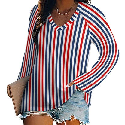 Red White Blue Women Long Sleeve Tshirt loose fit, Striped Vintage Relaxed V-neck Patriotic Designer Aesthetic Ladies Female Tee Top Shirt