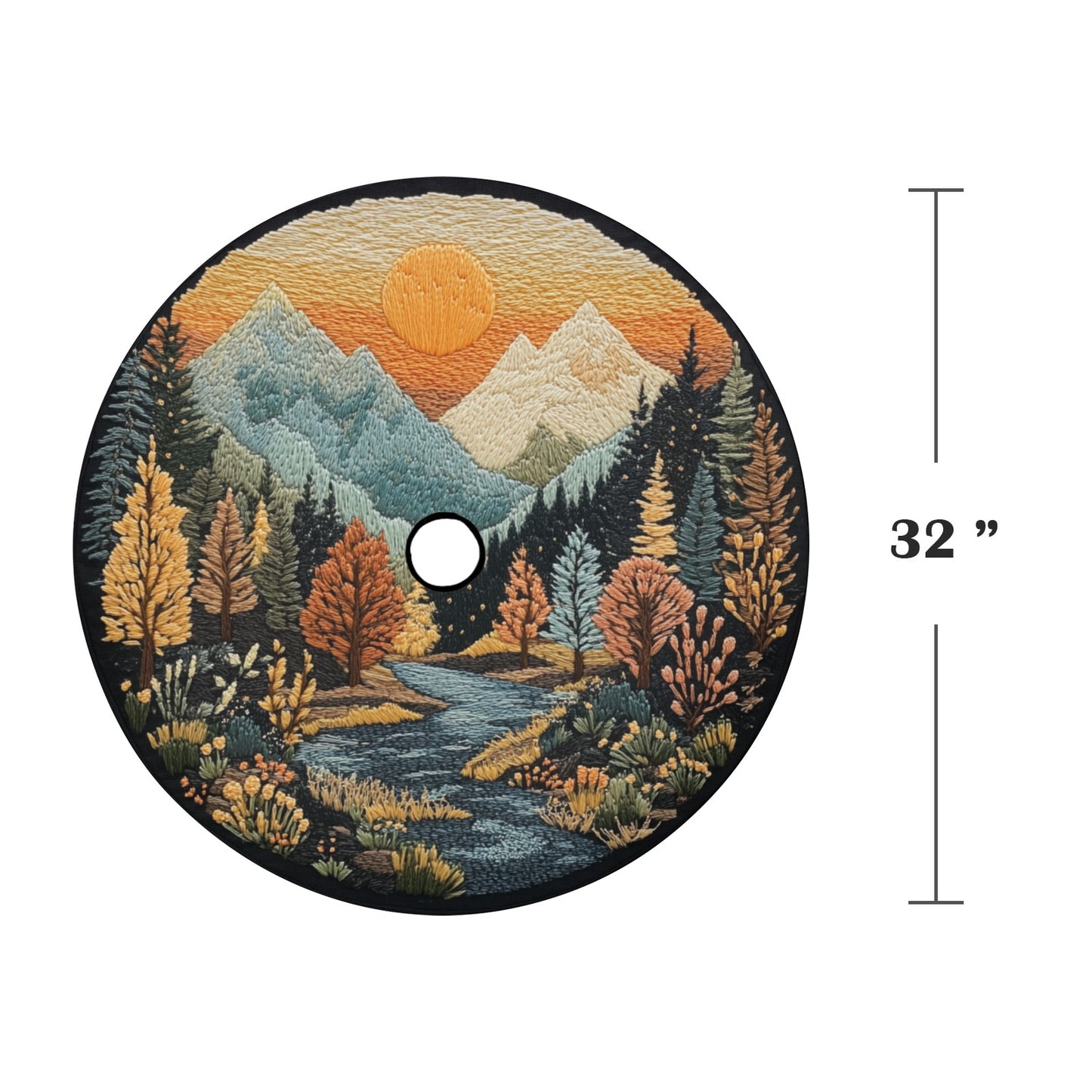 Mountains Spare Tire Wheel Cover, Sunset Boho Flowers Pine Trees Faux Embroidery Back Up Camera Hole Design Backup RV Car Camper Truck Auto