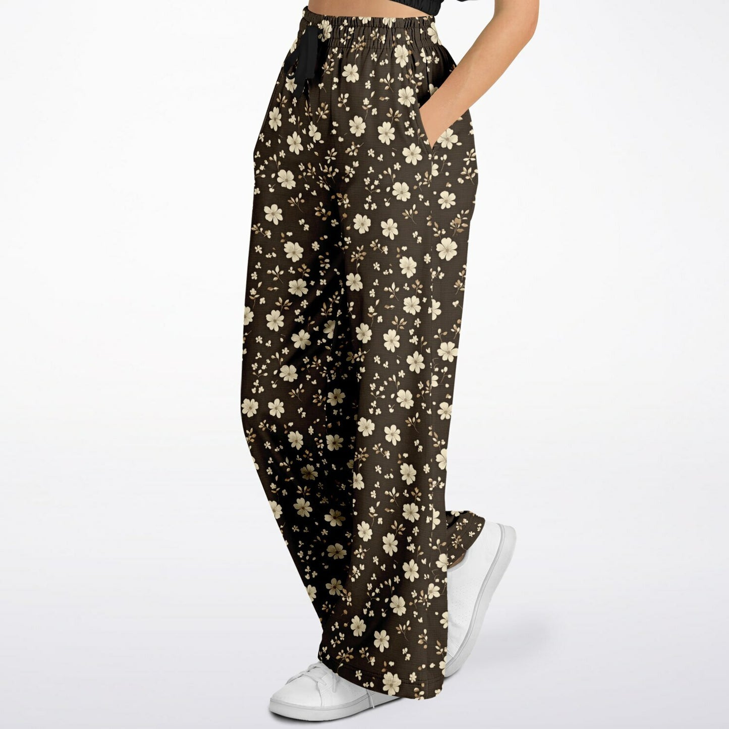 Brown Floral Wide Leg Jogging Pants, Flowers Ditsy Flare Sweatpants Pockets Women Flared Sweats Cotton Fleece Ladies Joggers Loungewear