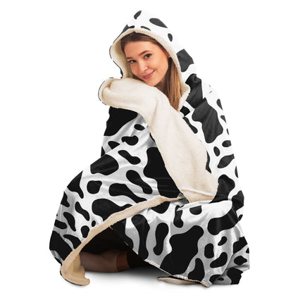 Cow Print Hooded Blanket, Black White Animal Sherpa Fleece Soft Fluffy Cozy Warm Adult Men Women Kids Large Wearable with Hood Gift Starcove Fashion