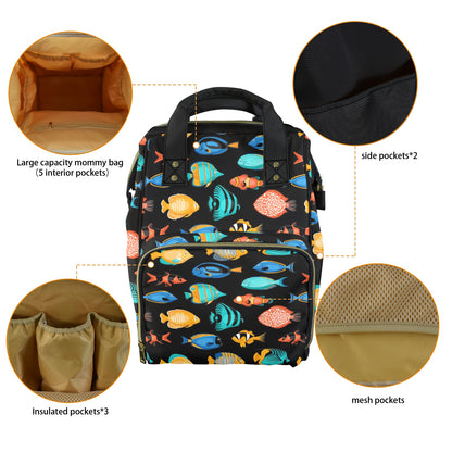 Fish Diaper Bag Backpack, Cute Tropical Fishing Animal Baby Boy Girl Waterproof Insulated Pockets Stylish Mom Dad Designer Men Women Large