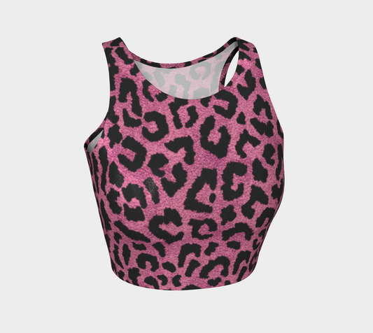 Pink Leopard Workout Crop Top, Animal Print Sparkly Glitter Women Cute Moisture Wicking Exercise Gym Athletic Festival Cropped Shirt