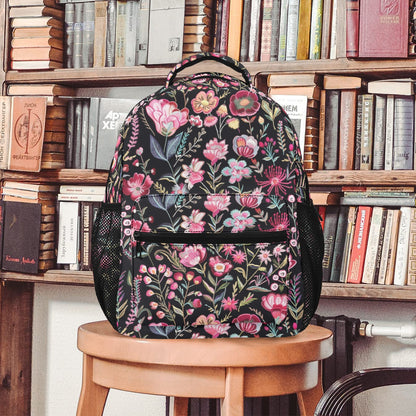 Pink Floral Backpack, Flowers Botanicals Men Women Kids Gift School College Cool Waterproof Side Pockets Laptop Designer Aesthetic Bag