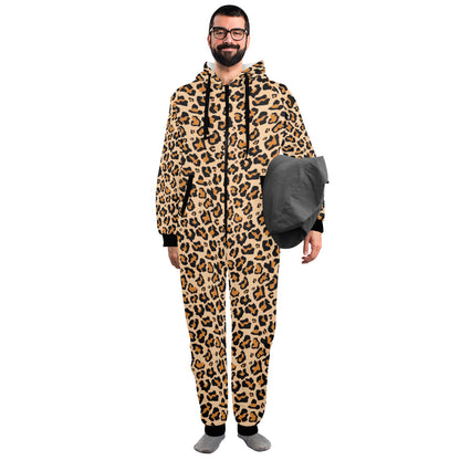 Leopard One Piece Men Pajama, Animal Cheetah Print Adult Bodysuit Women Ladies Flannel Long Hooded PJ Romper Plus Size Matching Loungewear