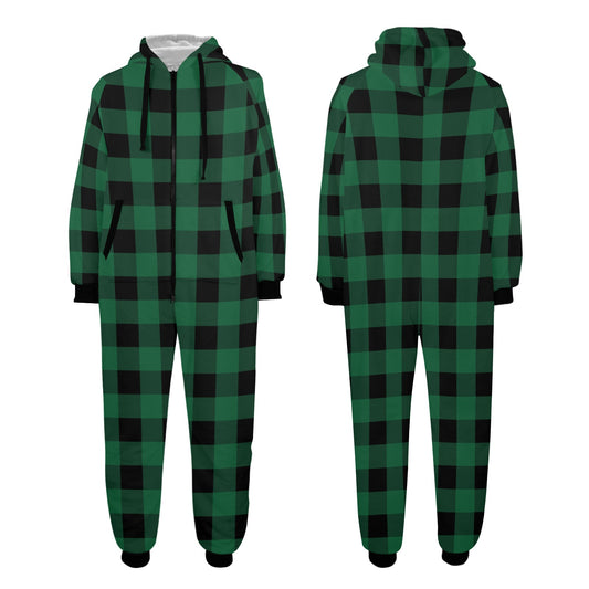 Green Buffalo Plaid One Piece Men Pajama, Black Checkered Christmas Xmas Adult Bodysuit Women Ladies Flannel Long Sleeve Hooded PJ Romper