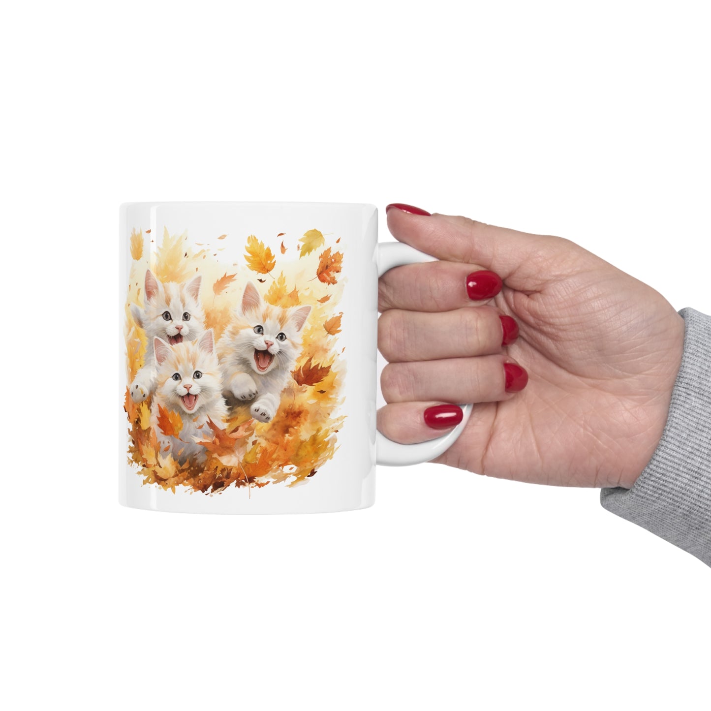 Cats Playing Fall Coffee Mug, Autumn Leaves Kittens Funny Thanksgiving Cute Art Ceramic Cup Tea Hot Chocolate Unique Cool Novelty