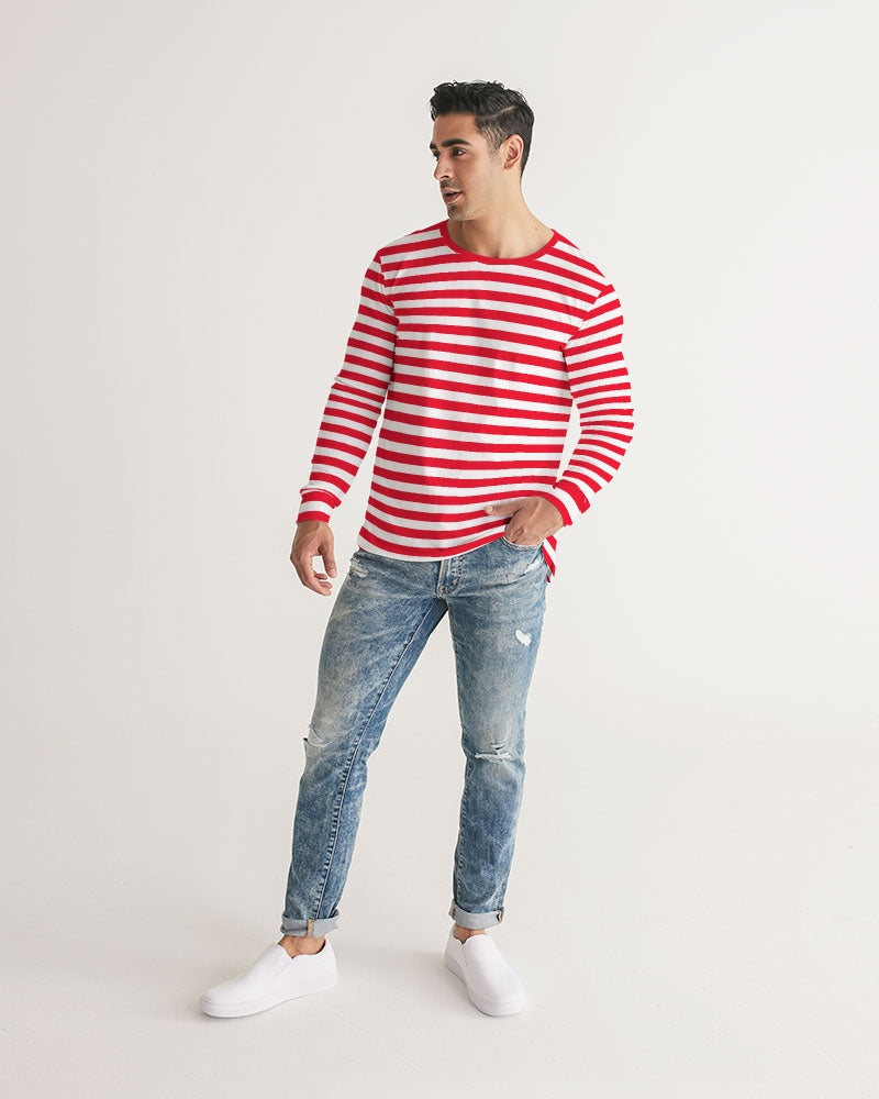 Red And White Striped Men Long Sleeve Tshirt, Thin Horizontal Stripes Unisex Women Designer Guys Graphic Printed Crew Neck Tee Shirt