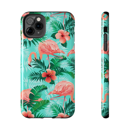 Pink Flamingo iPhone 15 14 13 12 11 Pro Max Tough Case, Green Tropical Monstera Print Cute Gift XS XR X 7 Plus 8 Cell Phone Galaxy