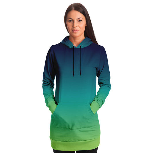 Green Blue Ombre Hoodie Dress, Tie Dye Gradient Women Ladies Long Sleeve Sexy Winter Cotton Hooded Sweatshirt Plus Size Dress Pockets