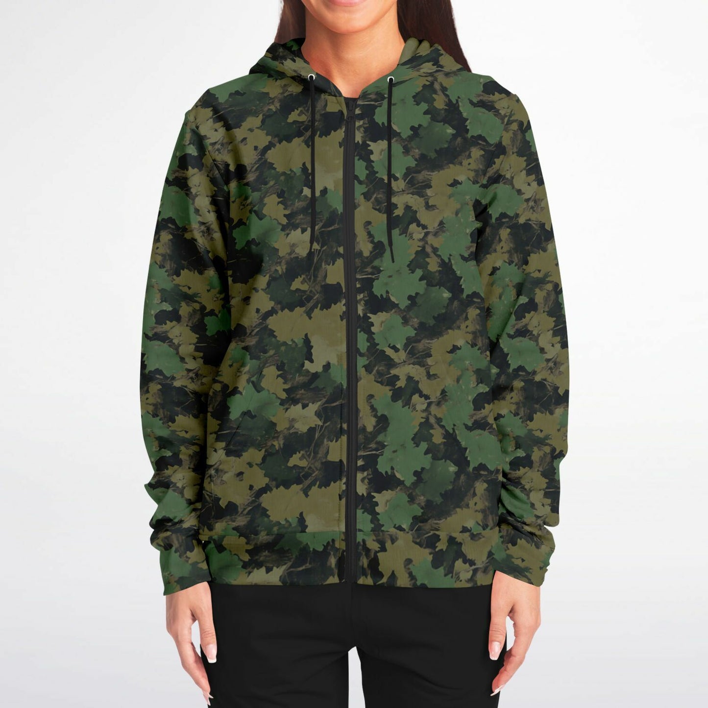 Green Camo Zip Up Hoodie, Realistic Camouflage Woodland Leaf Full Zipper Pocket Men Women Unisex Adult Cotton Fleece Hooded Sweatshirt