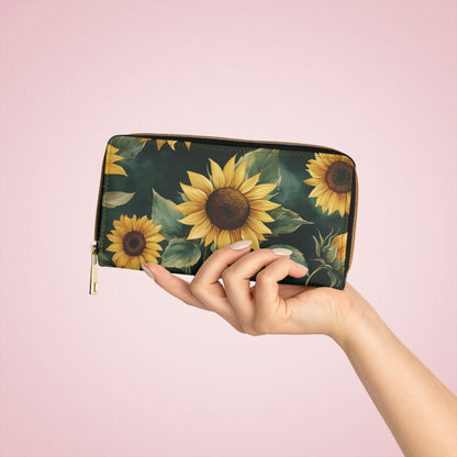 Sunflower Leather Wallet Women, Floral Flowers Vegan Zipper Zip Around Coins Credit Cards Pocket Cash Ladies Female Pouch Slim Clutch Purse