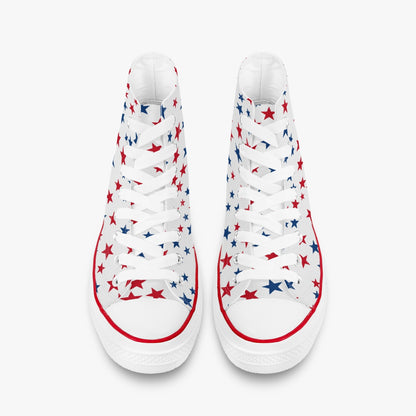 Red White Blue Stars High Top Shoes, American Flag USA Women Men Lace Up Sneakers 4th of July Footwear Canvas Ladies Trainers Designer