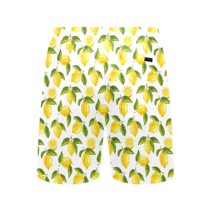 Lemon Men Swim Trunks, Yellow White Summer Fruit Mid Length Shorts Beach Pockets Mesh Lining Drawstring Bathing Suit Plus Size Swimwear