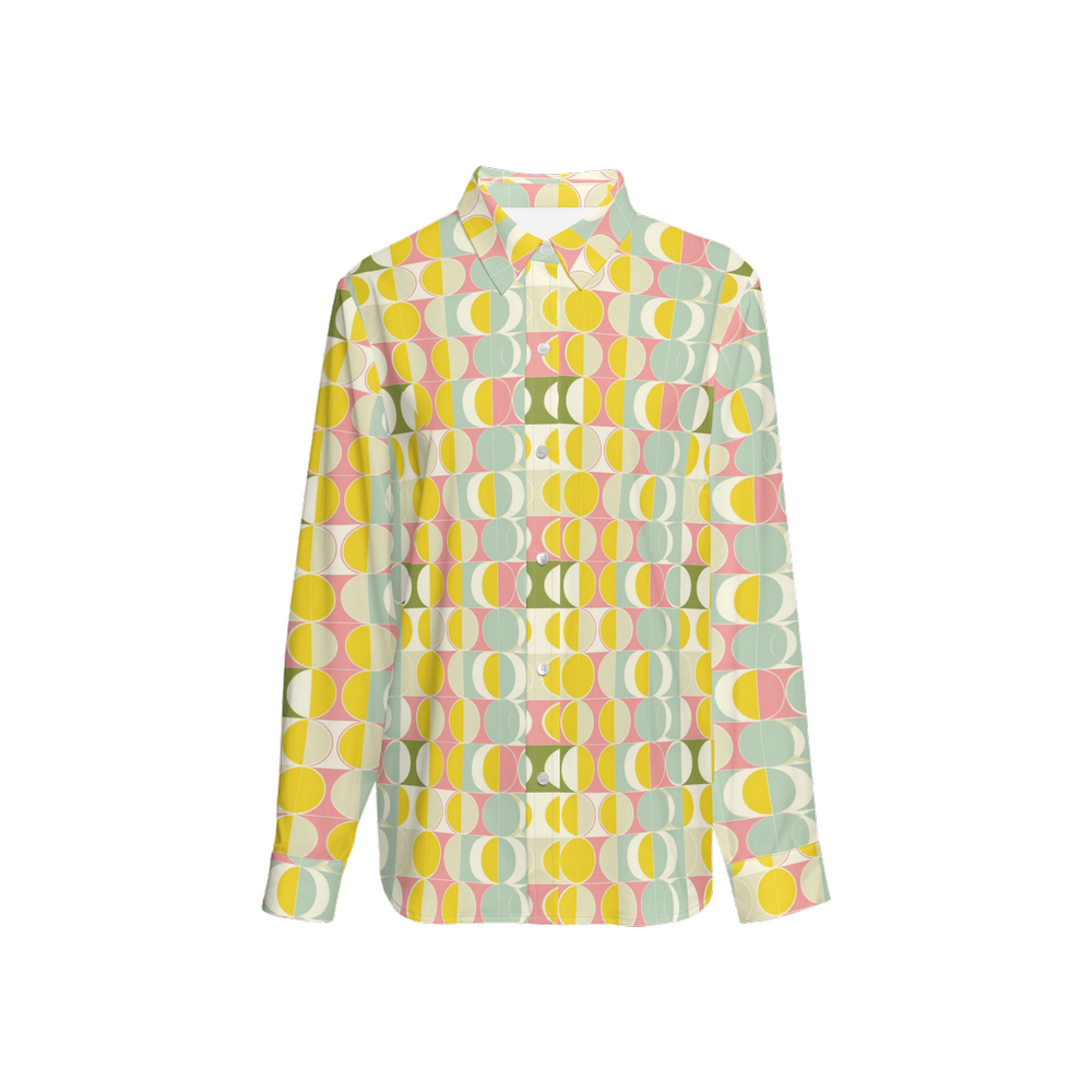 Mid Century Modern Long Sleeve Shirt Women, Retro 60s Vintage Yellow Button Up Ladies Blouse Print Buttoned Down Collared Casual Dress Top