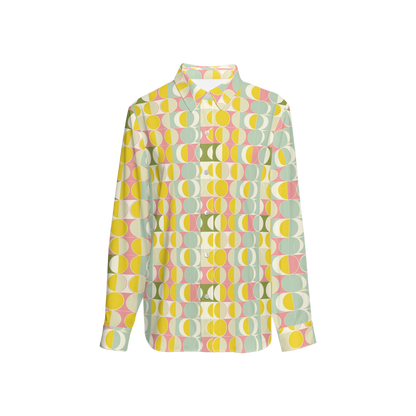 Mid Century Modern Long Sleeve Shirt Women, Retro 60s Vintage Yellow Button Up Ladies Blouse Print Buttoned Down Collared Casual Dress Top