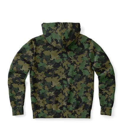 Green Camo Zip Up Hoodie, Realistic Camouflage Woodland Leaf Full Zipper Pocket Men Women Unisex Adult Cotton Fleece Hooded Sweatshirt