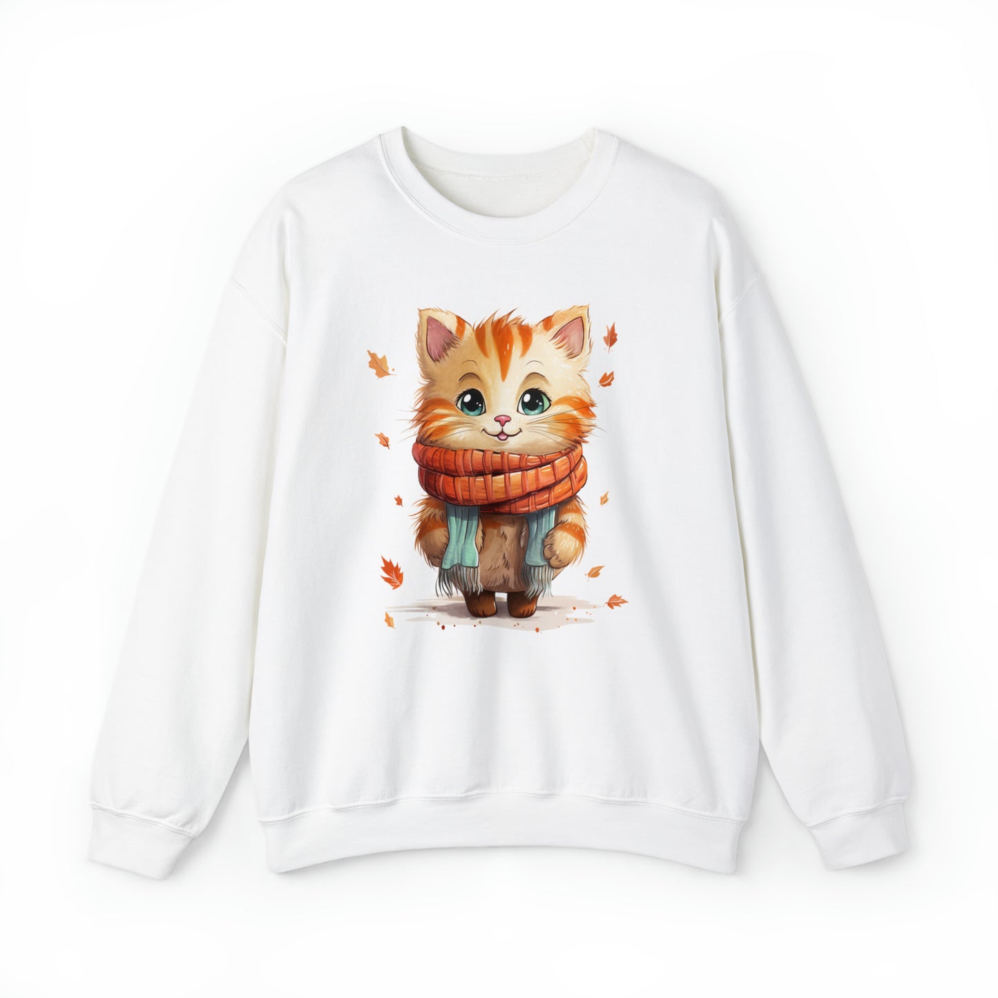 Cat Scarf Sweatshirt, Kitten Fall Autumn Leaves Graphic Crewneck Fleece Cotton Sweater Jumper Pullover Men Women Adult Aesthetic Top Starcove Fashion