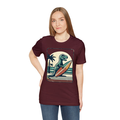 Dinosaur Surfboard Tshirt, Surfing Dino Adult Vintage Distressed Art Designer Graphic Cool 80s Crewneck Men Women Tee Short Sleeve Shirt