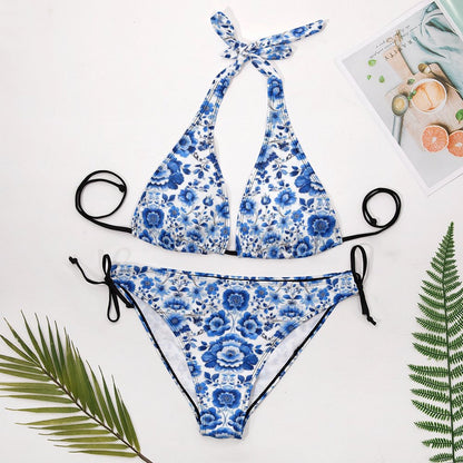 Blue and White Floral Bikini Set, Flowers High Waisted Cute Cheeky Bottom String Halter Neck Top Sexy Swimsuits Women Swimwear Bathing Suit