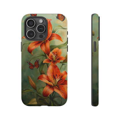 Tiger Lily Tough Phone Case, Flowers Floral Butterfly iPhone 16 15 14 13 Pro Max 12 11 8 Plus X XR XS Galaxy S24 S23 S22 S21 Google Pixel