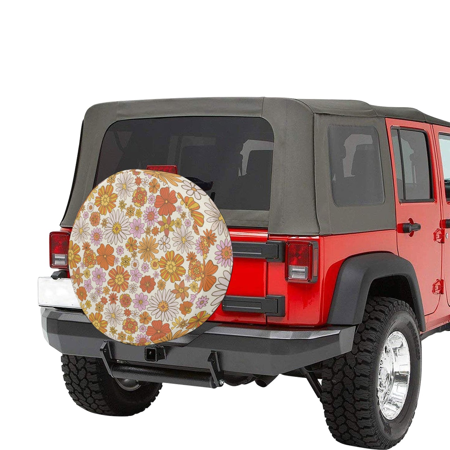 Groovy Floral Spare Tire Cover, Cute Orange 70s Flowers Backup Camera Hole Unique Back Extra Wheel Cars RV Men Women Girls Trailer Campers