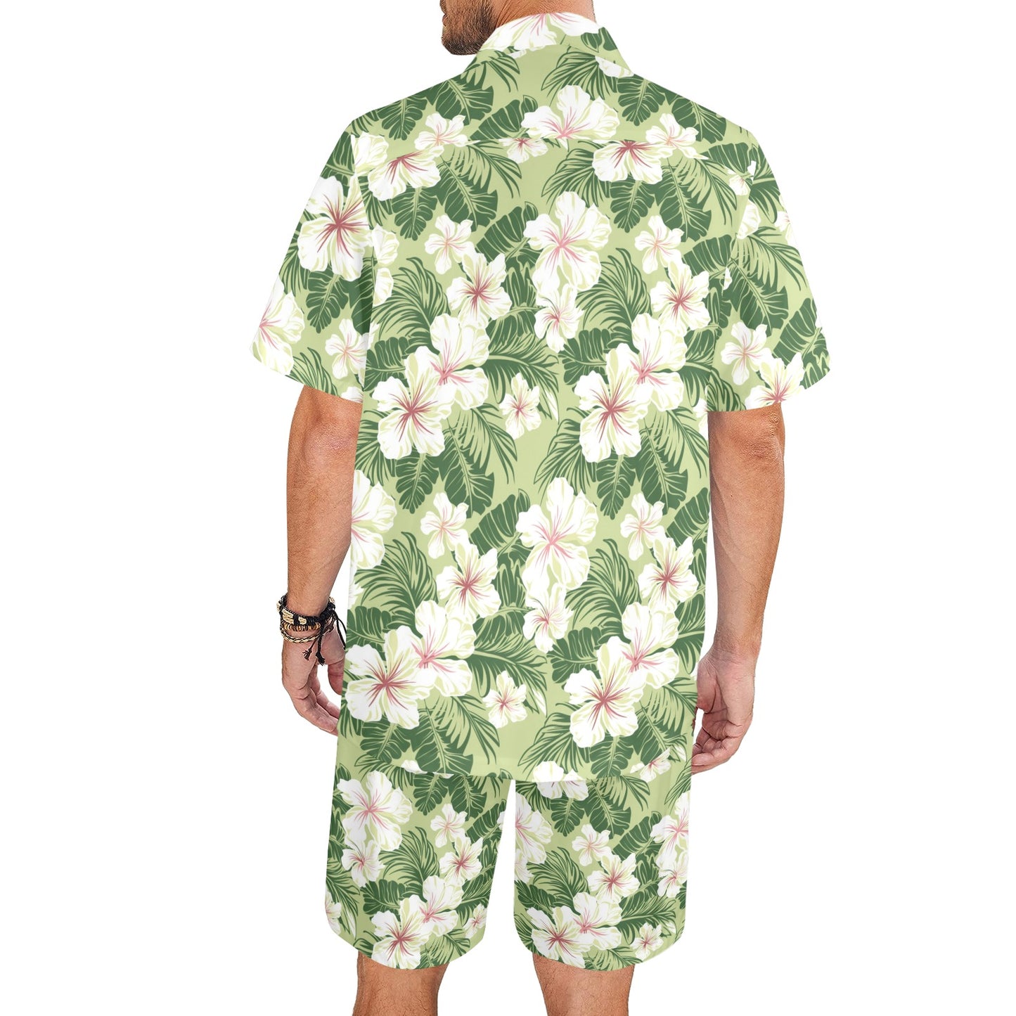 Tropical Shirt Shorts Outfit Set Men, Green White Floral Hibiscus Flower Hawaiian Beach Male Guys Summer Short Sleeve Button Up Down Luau