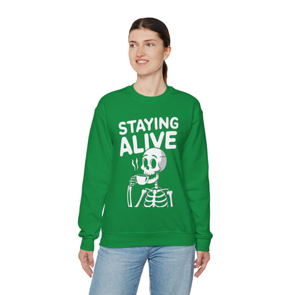 Staying Alive Coffee Sweatshirt, Skeleton Halloween Funny Graphic Crewneck Fleece Cotton Sweater Jumper Pullover Men Women Adult Top