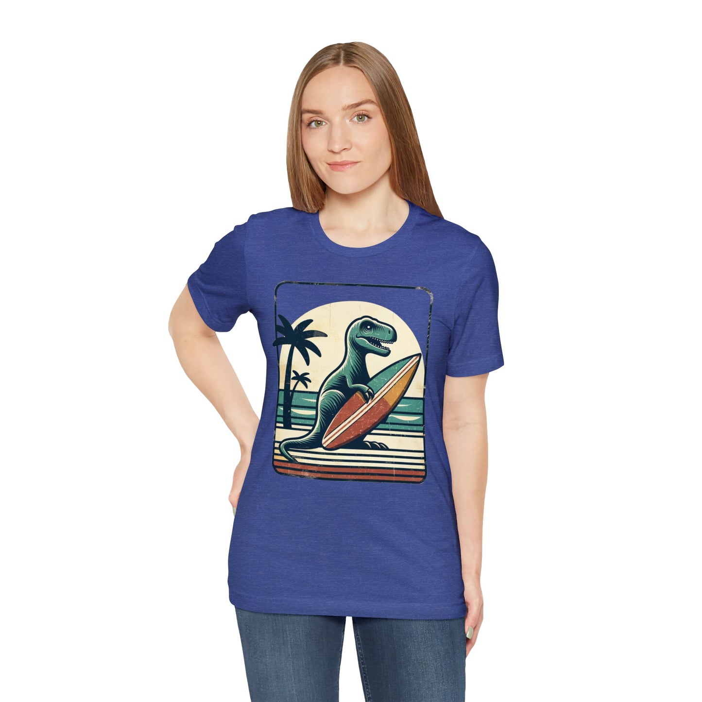 Dinosaur Surfboard Tshirt, Surfing Dino Adult Vintage Distressed Art Designer Graphic Cool 80s Crewneck Men Women Tee Short Sleeve Shirt