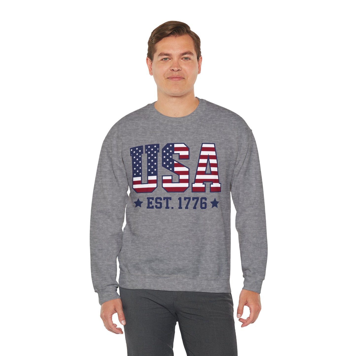 USA Est 1776 Sweatshirt, American Flag Stars Stripes Patriotic Retro Vintage Graphic Crewneck Cotton Sweater Jumper Pullover Men Women Top