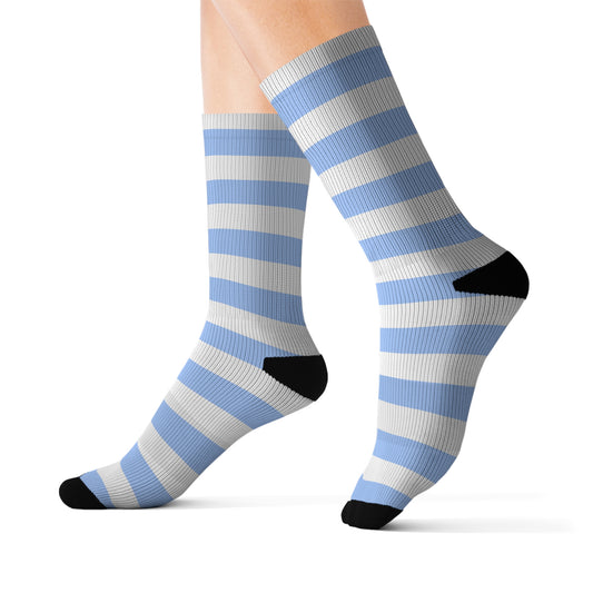 Light Blue striped Socks, White Wide Stripe Crew Sublimation Women Men Designer Fun Novelty Cool Funky Crazy Casual Cute Unique Dress