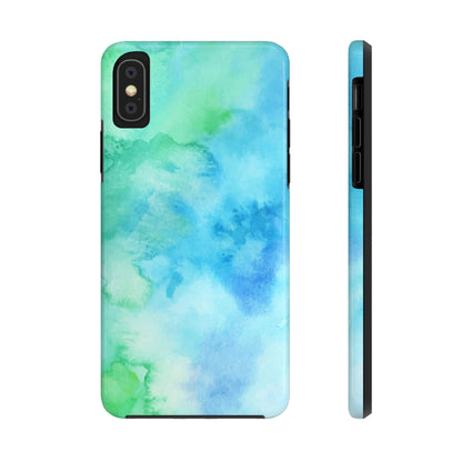 Blue Green Watercolor Tough Phone Case, Tie Dye Colorful Print Cute Cell Iphone 15 14 13 Pro Max 12 11 XS XR X 7 SE 8 Galaxy S24 S23 S22